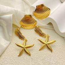 3pcs/Set Summertime Beach-Style Starfish Pendant Stainless Steel Plated Gold Earrings, Fashion Jewelry Gift For Women