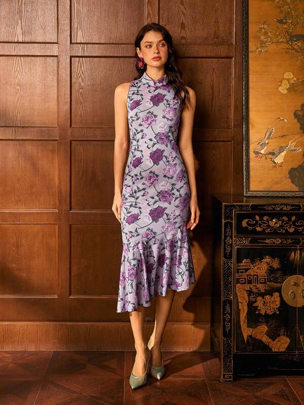 Exquis Nouvelle robe de style chinois sans manches pour femme - Col mandarin classique, imprimé floral élégant, ourlet à volants en cascade - Tenue de soirée pour les galas du soir, les banquets en tenue de soirée, les réceptions de mariage, les tapis rouges et les dîners diplomatiques
