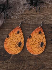 1 对哥特式蜘蛛网和豹纹泪珠吊坠耳环，万圣节 PU 双面派对耳环，万圣节耳环礼物