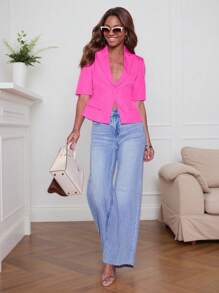 Ladies' Casual Commuting Daily Office Short-Sleeved Suit Jacket With Solid Color Buttons And False Pockets
