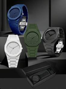 TOMI TOMI Dry Battery Watch Box Classic Men's Watch With Plastic Particle Strap, Business-Style Matte Oil Quartz Watch, Fashion Men's Watch Set Suitable For Everyday Life & Holiday Gifts