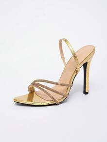 女士露趾星形高跟凉鞋，水钻装饰踝带，优雅高端派对正装鞋，金色