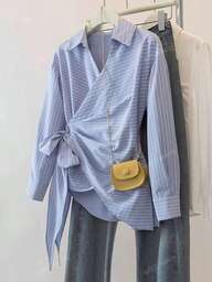 Women's Striped Bowknot Waist Long Sleeve Casual Business Shirt, Slim Fit