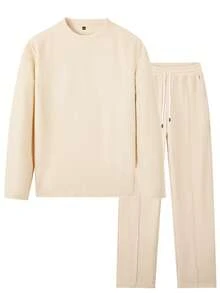 Men's Solid Color Waffle Plaid Casual Suit, Long Sleeve Crew Neck Sweatshirt And Drawstring Solid Color Pants, Distinctive And Comfortable Casual Suit Suitable For Men's Daily Casual Wear And Holiday Wear, Spring/Autumn, Cozy Outfits