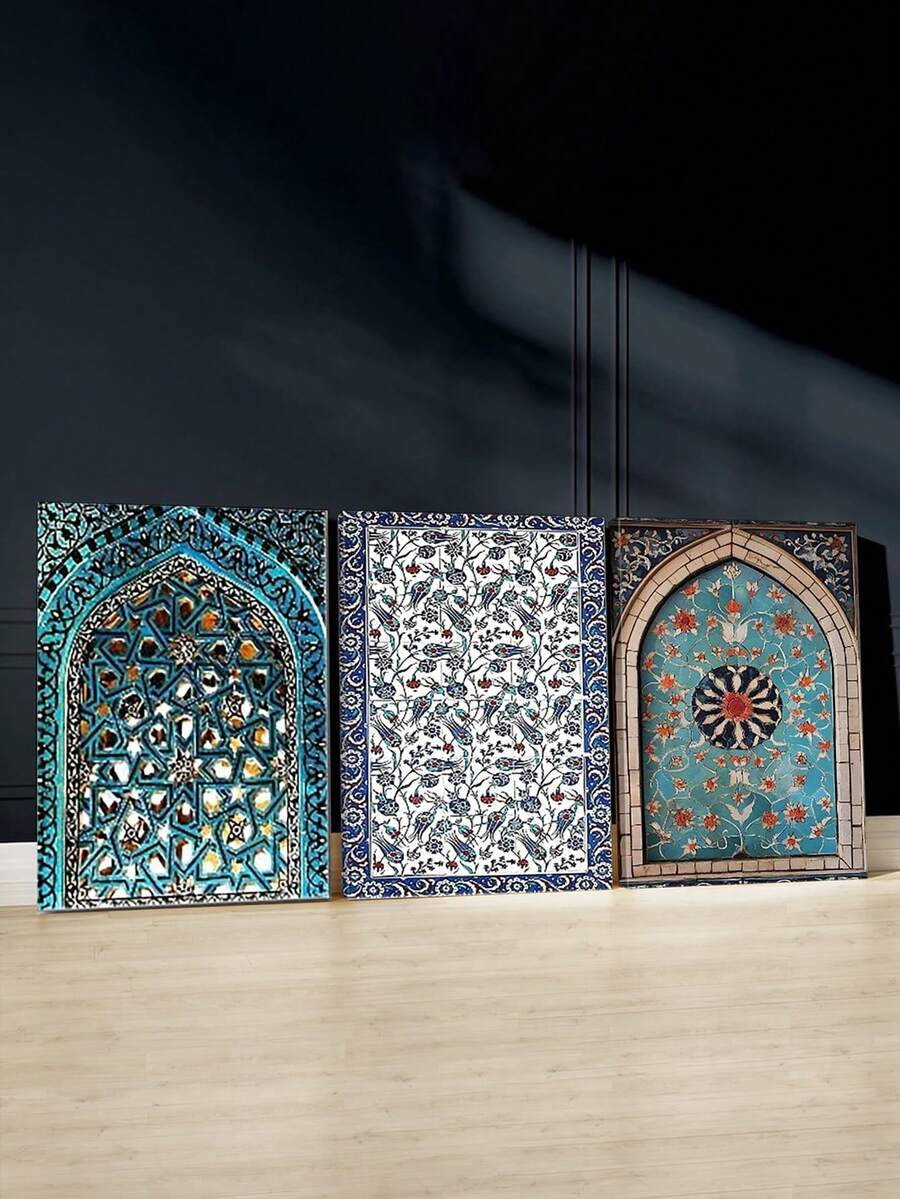 3pcs Canvas Artwork Set, Modern Style Framed Posters, For Room - Handcrafted Wooden Frame, Anatolian Art, Turkish Tile Art, Ottoman Tile Art, Islamic Tile Art, Moroccan Floral Decor, Wall Arts, Art Prints, Posters, For Living Room, Bedroom, Bathroom , Optional Frame - Multicolor - View 1