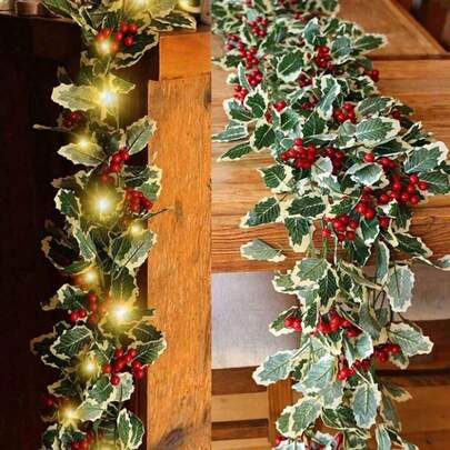 1件人造冬青叶和红色浆果花环，可用于圣诞树装饰、壁炉、餐桌、房间、家居装饰、婚礼、圣诞节、感恩节、主题派对悬挂装饰、营造氛围、户外花园庭院装饰