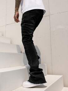 leev Stretchy Skinny Jeans, Casual Street Fashion Denim Pants With Slanted Pockets, Cotton Flared Leg Trousers With Stylish Pattern - Black - View 2