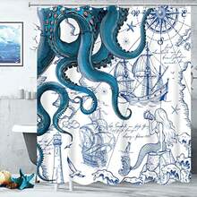 Blue Nautical Octopus Shower Curtain Navy Mermaid Funny Ocean Kraken Shower Curt - 1 - View 4