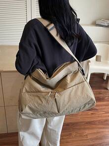 1 件米色 2025 夏季时尚大容量尼龙纯色旅行行李袋，带多个口袋、拉链、手柄、可调节肩带、鞋隔层、学校/大学/健身房/户外使用、可折叠手提包旅行必需品，适合假期旅行包行李箱旅行包女士