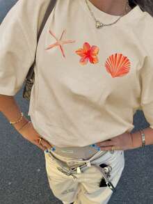 Summer Apricot Short Sleeve Top, Decorated With Shell And Starfish Patterns. Loose Style, Easy To Match, Perfect For Casual And Vacation Wear. - Apricot - View 7
