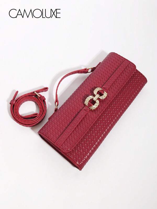 Original Handmade Contrast Color Sophisticated Woven Texture Solid Burgundy Red Metal Buckle Decor Faux Leather Fabric Fashion Baguette Bag, Business Elegant Petite Commuter Handbag, Suitable For Work, Wedding, Party, Shopping, Travel, Autumn/Winter
