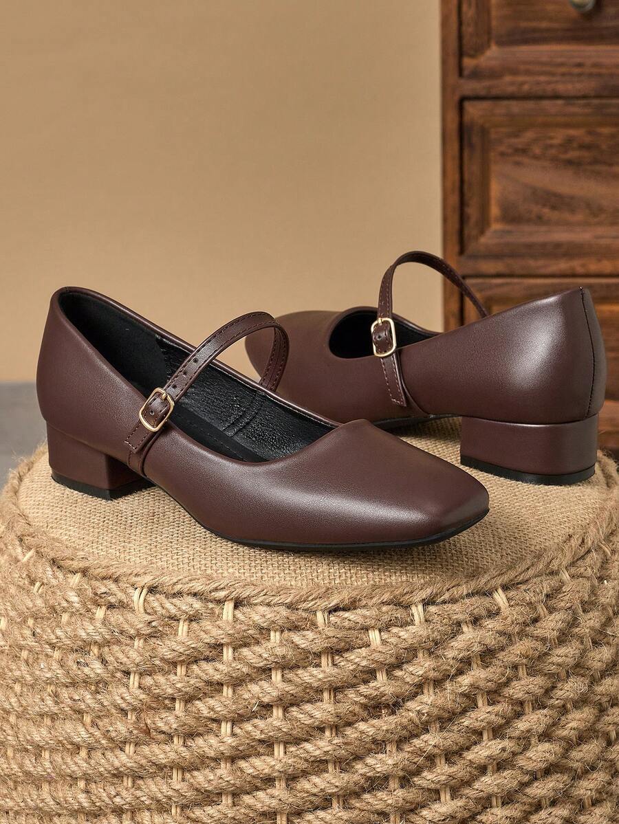MonaNise Zapatos de tacón ancho de 3 cm con puntera cuadrada Mary Jane, aptos para el trabajo, casual, cena, estilo vintage, en color negro y caqui, versátiles y de moda - Marrón - Ver 1
