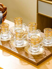 1 Set, Juego de Taza de Té Turca, Tazas de Té Marroquíes Chapadas en Oro, Juego de Vajilla Árabe Elegante - Incluye 6 Tazas y 6 Platillos, Apropiado para Fiestas y Té de la Tarde