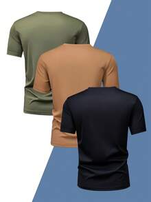 3pcs Men's Casual Sports Suit, Comfortable & Breathable, Personalized Letter Graphic Short Sleeve Crew Neck T-Shirts, Polyester & Spandex Blend, Machine Washable, Soft, Lightweight, Suitable For Men's Daily Summer Wear - Great For Outdoor Activities, Travel And Commuting, Ideal Gift For Husband, Boyfriend - Multicolor - View 2