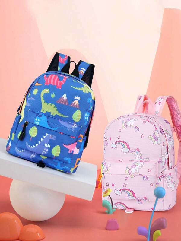 1pc New Cartoon Print Backpack Is Cute And Childlike, With Dinosaur And Unicorn Cartoon Prints Full Of Childlike Fun. It Is Closed With A Zipper And The Shoulder Straps Are Adjustable. It Is Suitable For Various Occasions And Styles. It Has Sufficient Capacity And Can Easily Accommodate Daily Necessities. The Bag Is Light And Does Not Weigh Down The Body.