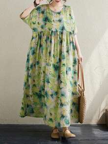 2025夏季新款加大码绿色连衣裙，休闲宽松褶皱单肩连衣裙，波西米亚风度假沙滩裙，女士宽松印花连衣裙，单件随机印花连衣裙 - 綠色 - 查看 5