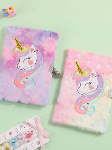 1 Stück Kinder-Einhorn Notizbuch mit Schloss - Flauschiges Tagebuch mit Sternenprint und Plüscheinband, ideales Geschenk zu Geburtstagen und Feiertagen (Mädchen Geheimtagebuch) - Verschiedenfarbig - Übersicht 4