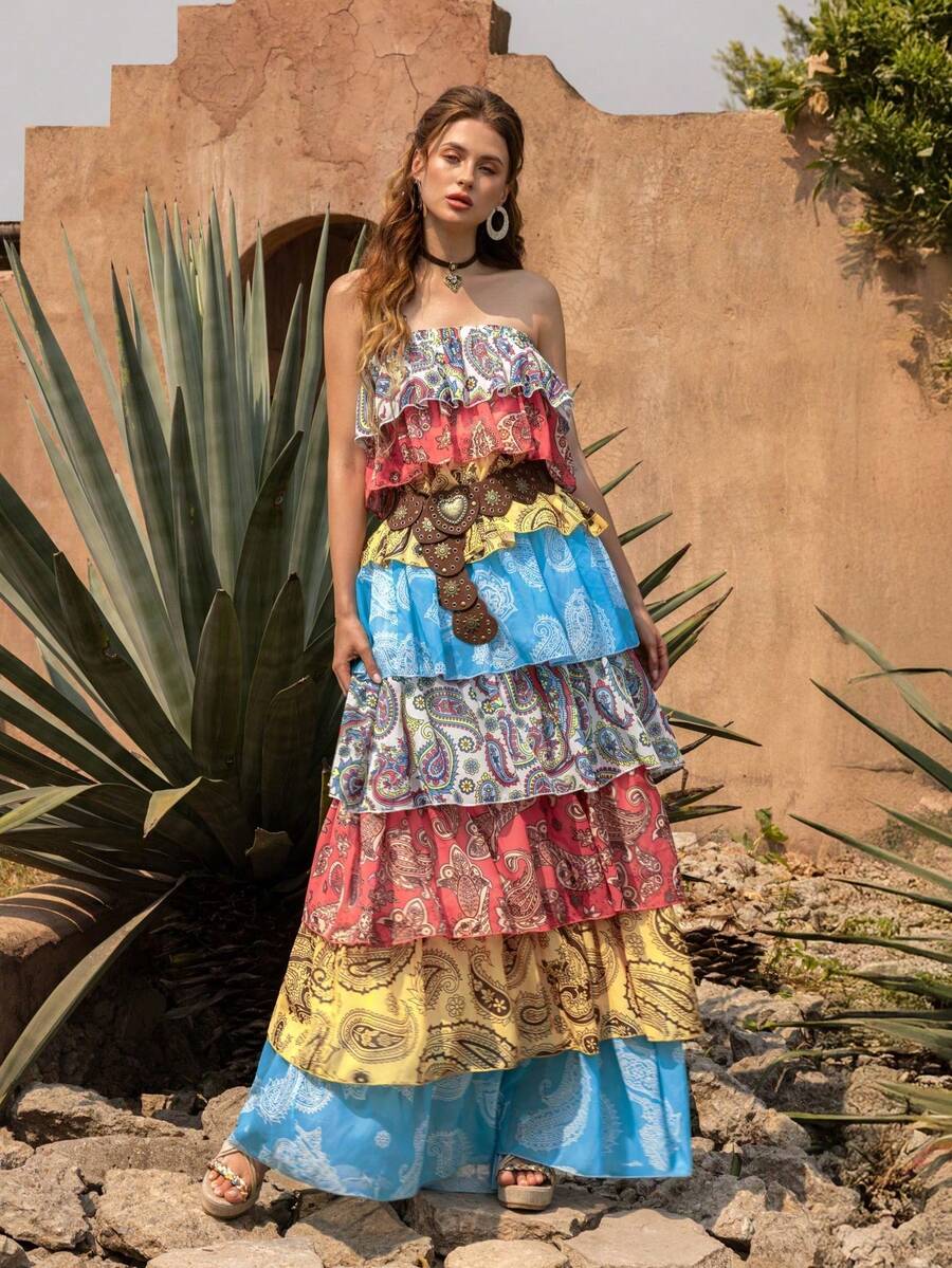 Faeriesty Vestido de verano estampado de múltiples capas sin tirantes BohoBloom - Elegante estilo primavera/verano, adecuado para bodas en la playa | Fiestas en el jardín | Brunch | Festivales de música | Vacaciones tropicales (Cinturón no incluido) - Multicolor - Ver 1