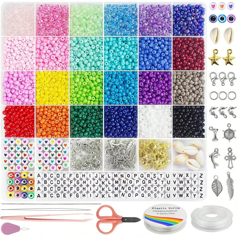 Euuztu Redtwo 4mm Glass Seed Beads Jewelry Bracelet Making Kit, Small Beads Friendship Bracelet Kit, Tiny Waist Beads With Letter Beads And Elastic String, Art Girls Gifts - 2100 chiếc 4mm - Xem 1
