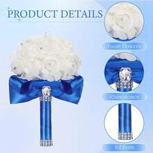 Jutom 6 Pack Wedding Bouquets Bride Roses Bridesmaid Bouquet Bridal Bouquet Flowers Wedding Hand Holding Bouquet With Soft Ribbons Engagement Bridal Shower Church Party (White) - Royal Blue - View 10