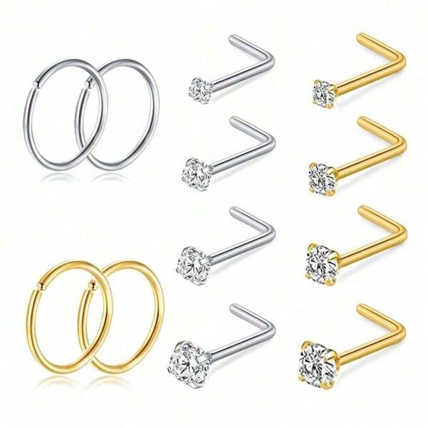 12pcs Nose Rings Hoops Studs 20G L Shaped Nose Studs 1.5mm 2mm 2.5mm 4mm Cubic Zirconia Small Silver Gold Hypoallergenic Nose Piercing Jewelry For Women Men