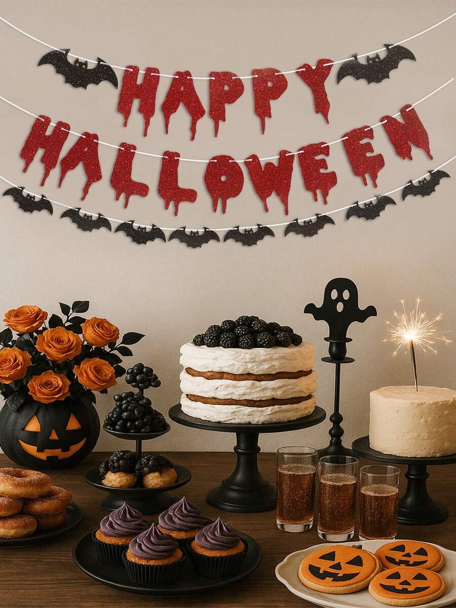 1 Set Banderín de papel de Feliz Halloween, Banderín colgante con patrón de murciélagos, Decoración de fondo, Decoración de Halloween, Decoración de fiesta de Halloween, Decoración "Trick Or Treat" de Halloween, Decoración de Feliz Halloween, Decoración del hogar, Decoración de habitación, Decoración de sala de estar, Adorno colgante - Multicolor - Ver 1