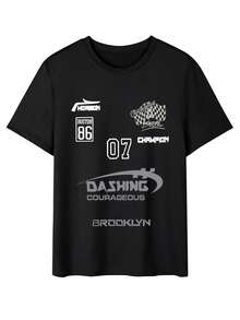 Men's Casual Letter & Cartoon Character Print Crew Neck Short Sleeve Racing T-Shirt