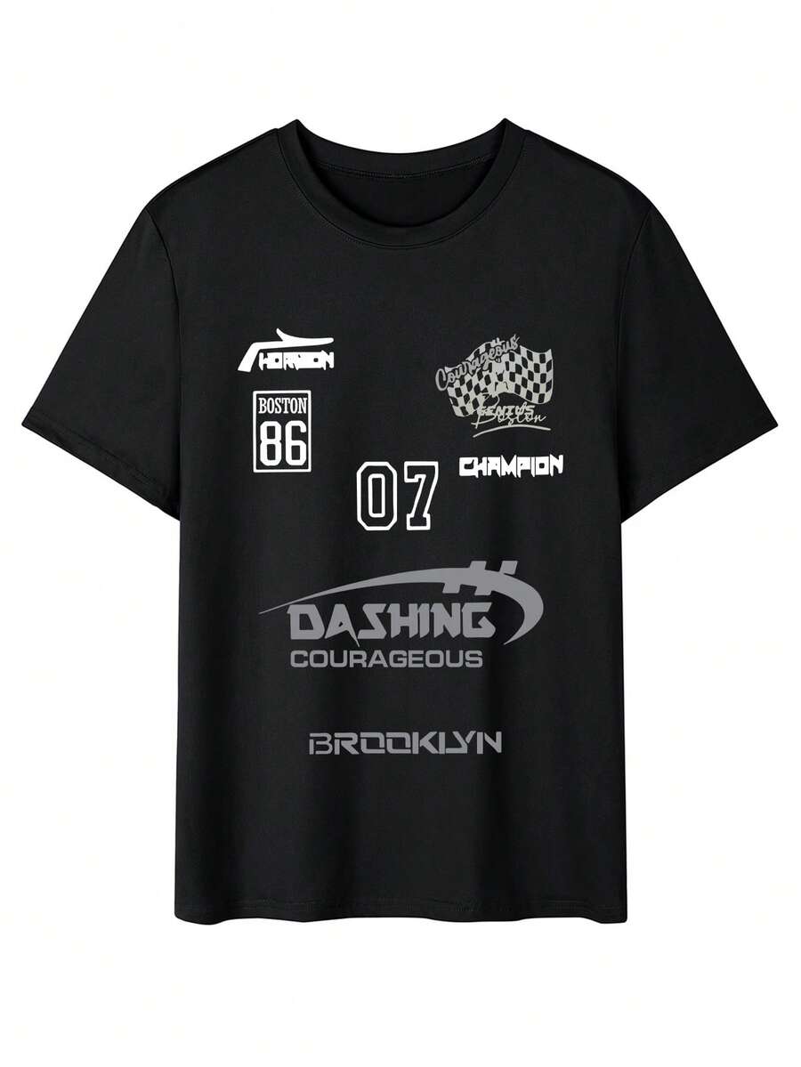 Men's Casual Letter & Cartoon Character Print Crew Neck Short Sleeve Racing T-Shirt