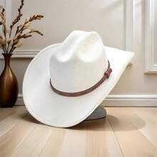 Retro Woolen Cowgirl Hat For Women Men Leather Belt Wide Brim Western Cap For Wedding, Party - 白色 - 查看 4