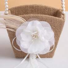 Canasta de flores para niña de las flores de boda, canasta clásica de arpillera con asa de perla