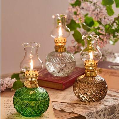 1个复古大型玻璃油灯，古董油灯，适用于室内应急照明，防风灯（不含液体）