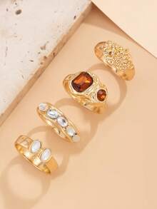 Set de 6 piezas de anillos de lujo con diamantes de imitación, anillos abstractos de metal dorado vintage asimétricos, adecuados para uso diario, vacaciones y decoración de joyas para fiestas de mujeres - Amarillo Oro - Ver 8