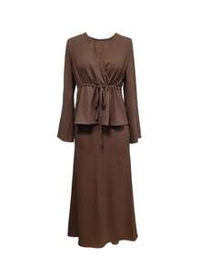 2pcs/Set Elegant Drawstring Waist Ruffle Hem Top And Long Skirt Suit - Autumn Women's 2 Pieces Set, Elegant & Fashionable, Coffee Brown, Winter Clothing, Christmas Outfit, New Year Outfit, Elegant Party Set, Elegant Ladies Suit, Casual Wear, Resort Wear, Summer Resort Wear, Brown - Brown - View 4