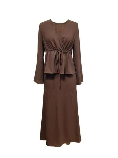 Elegant Drawstring Waist Pleated Top And Long Skirt Set - Women's 2-Piece Outfit, Dignified And Graceful, Coffee Color Fashion, Women's Summer Set, Women's Resort Set, Elegant Party Set, Women's Graceful Set, Women's Casual Set, Women's Summer Resort Set Spring