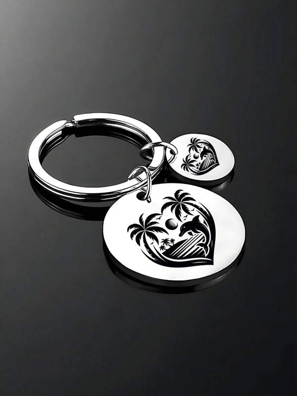 1pc Summer Wave & Surfing Lover Stainless Steel Reflective Keychain, Dolphin & Island Pattern Key Holder, Funny Key Ring Gift For Her Or Him School