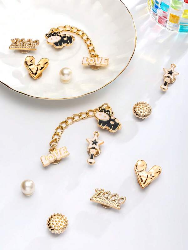 12pcs DIY Hollow Out Clogs Charms, Includes Cow, Love, Chain, Star, Heart Designs, Removable Decorative Buttons For Hollow Sandals, Suitable For All Seasons And As Holiday Gifts