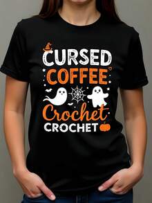 Camiseta de Mujer 180g Negro Algodón Cuello Redondo Manga Corta con Estampado Divertido "Cursed Coffee Crochet" Halloween Murciélagos Fantasmas Telarañas Casual Fiesta Talla Grande Juvenil Ideal para Amantes del Café y el Ganchillo - Negro - Ver 1