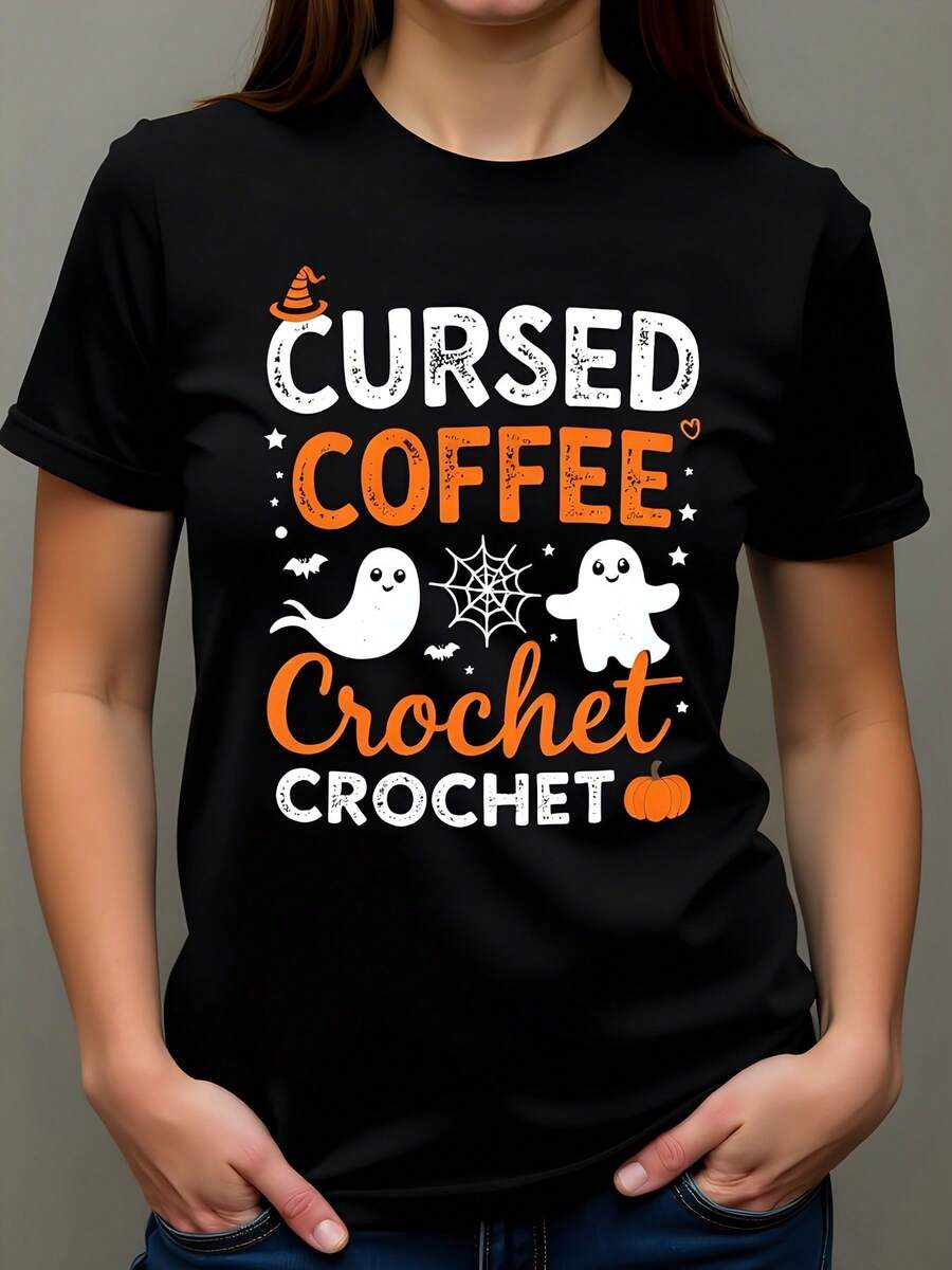 Camiseta de Mujer 180g Negro Algodón Cuello Redondo Manga Corta con Estampado Divertido "Cursed Coffee Crochet" Halloween Murciélagos Fantasmas Telarañas Casual Fiesta Talla Grande Juvenil Ideal para Amantes del Café y el Ganchillo - Negro - Ver 1