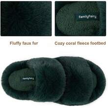 Women's Fluffy Faux Fur Slippers Comfy Open Toe Two Band Slides With Fleece Lining And Rubber Sole - màu xanh lá - Xem 7