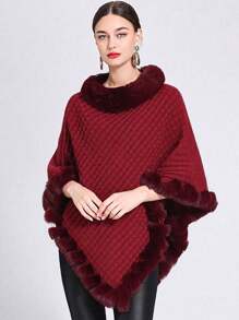 1pc Women's Elegant Solid Color Patchwork Fluffy Oversized Poncho Sweater For Dress