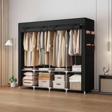 Armario a prueba de polvo de múltiples colores y estilo sencillo para el hogar, dormitorio y alquiler, de ensamblaje resistente, armario de tela sencillo, organizador de almacenamiento y ropa premium, armario de tela grande. 1 pieza Armario doble grande reforzado con marco de metal y tubos de acero engrosados - Fácil de montar, amplio almacenamiento para el hogar y propiedades de alquiler, armarios portátiles