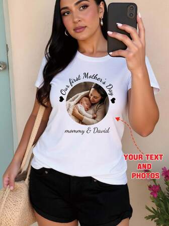 Customizable T-Shirt, Simple Spring/Summer Women's Clothing, Customizable Friends/Couple/Pet/Sibling/Selfie/Photo Print, Customizable Text/Blessing/Name/Funny Quote, Group Uniforms, Surprise Gift, Birthday Gift, Wedding Gift, Mother's Day Gift, Best Friend Gift, Anniversary Gift, Valentine's Day Gift, Gift For Her, Ladies Top, Music Festival Outfit, Party Gift