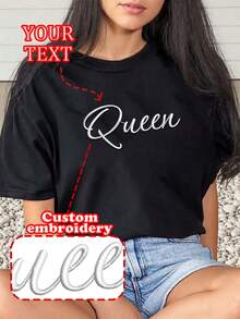 Kaos Wanita Bordir yang Dapat Disesuaikan - Tambahkan Teks Anda, Atasan Olahraga Hitam Musim Panas - Hitam - View 1