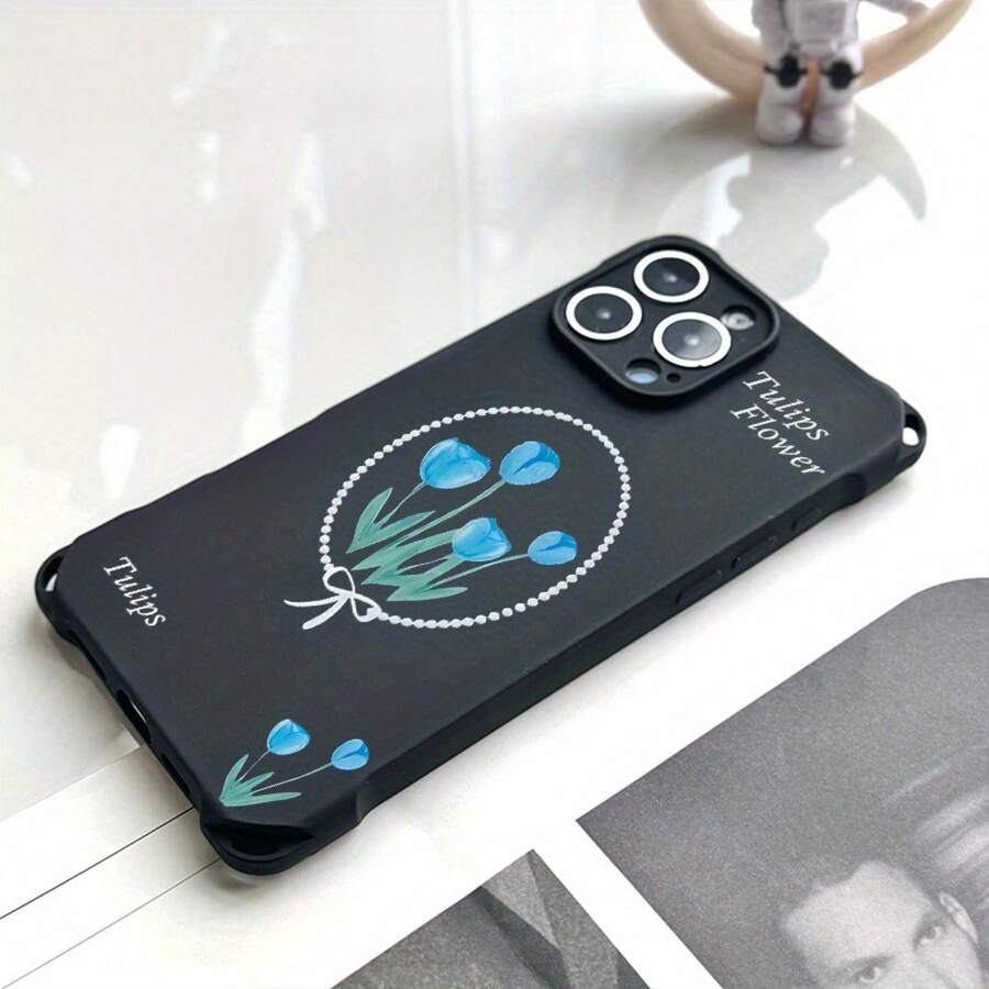 Funda de teléfono 1 pieza diseño de patrón de tulipán azul cuatro esquinas funda de teléfono colgante 15 Pro 14 Plus 16 12 13 TPU todo incluido esmerilado suave - Colores mixtos 3 - Ver 1