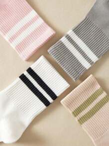 10 piezas/5 piezas Calcetines largos de dos rayas y bloques de color para niños y adolescentes, estilo coreano de primavera y otoño, que absorben la humedad y transpirables