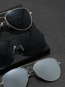 3pcs Men's Metal Frame Flat-Top Business Style Capable Advanced Retro Elegant Fashion Glasses Suitable For Business Trips And Commuting Business Meetings - 彩色 - 查看 2