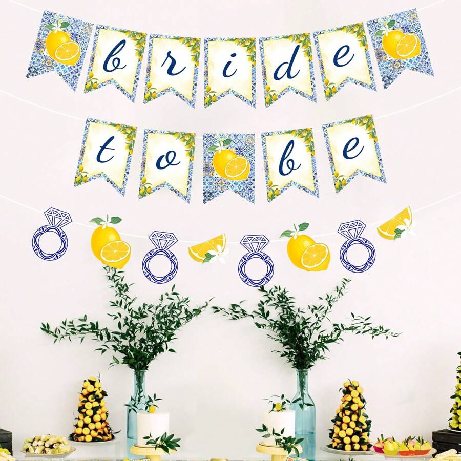 柠檬婚礼派对装饰 - 黄色和蓝色横幅，钻石戒指花环，水果主题单身派对装饰