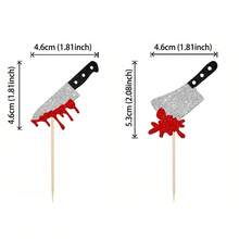 12pcs Halloween Cupcake Toppers Glitter Horror Blood Knife Cupcake Picks Have A Killer Birthday Cake Decorations For Halloween Blood Knife Theme Birthday Party Supplies