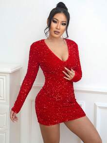 Joyfunear 女式时尚性感亮片紧身迷你连衣裙 - 紅色 - 查看 3