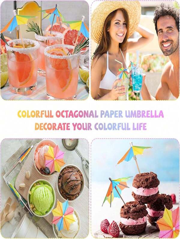 100 piezas Sombrillas para cócteles, decorativas para postres, pasteles, helados, frutas, pinchos de madera, estilo tropical hawaiano, adecuadas para fiestas en la piscina, de playa, cumpleaños, bodas, bares y reuniones festivas (colores surtidos)